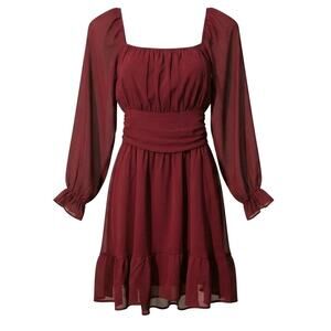 Y2K Cottagecore Xlura Chiffon Mini Dress Wine Red Long Sleeve Smocked Small